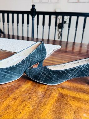 Salvatore Ferragamo Teal Velvet Low Heel Pumps with Subtle Plaid Stitching